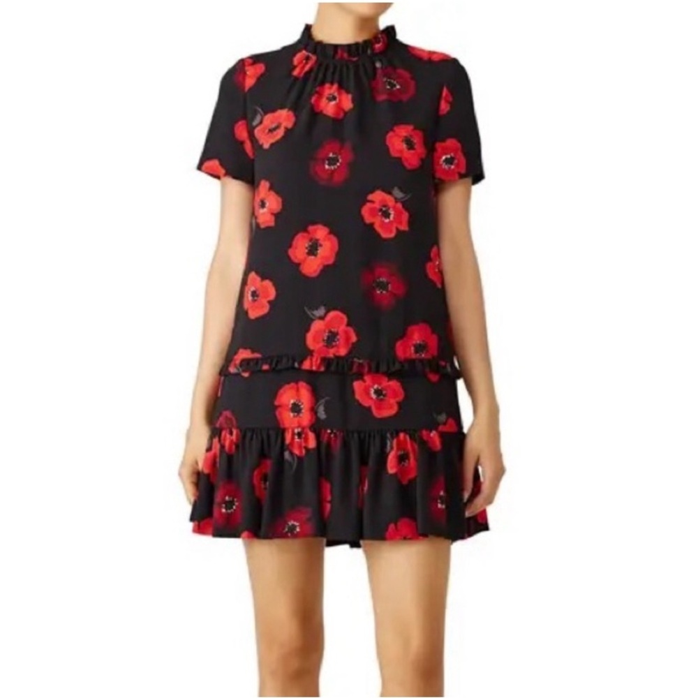 Kate Spade Poppy Dress Small Ruffle Tiered Knee Length Short Sleeve Red Black